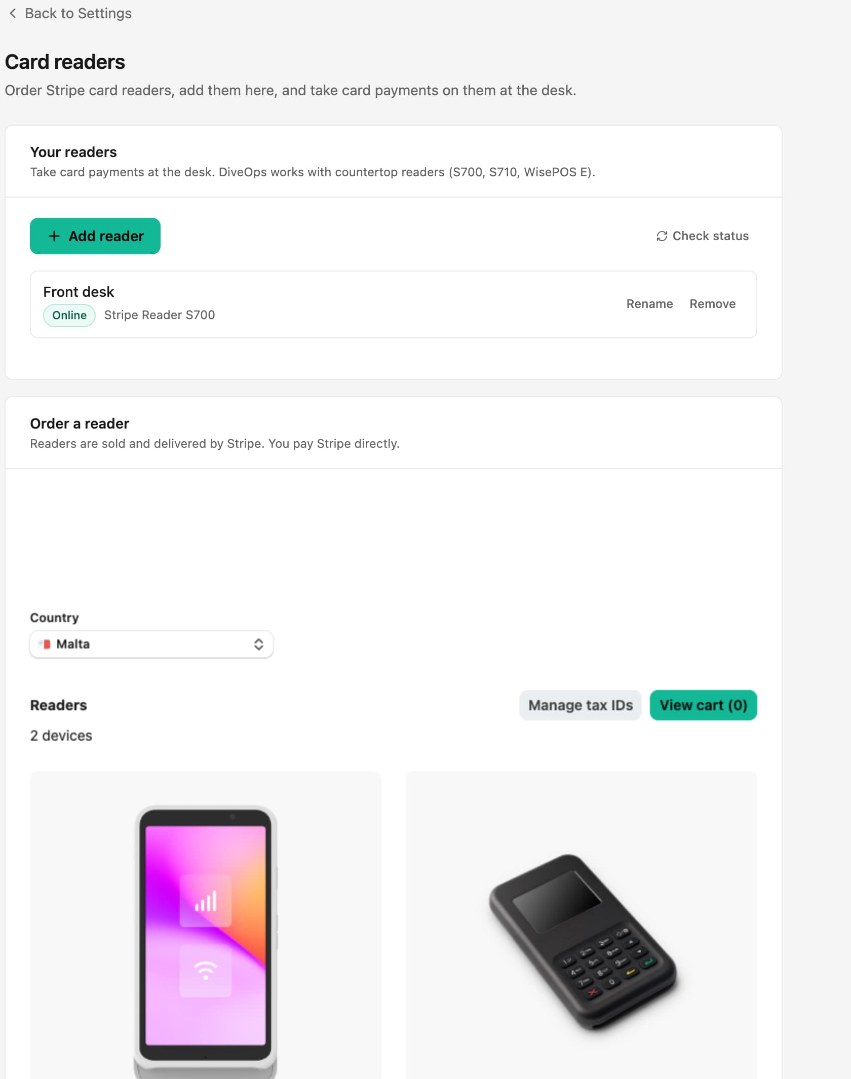DiveOps card reader settings: a front desk reader online, and Stripe's reader shop inside DiveOps with readers to order.