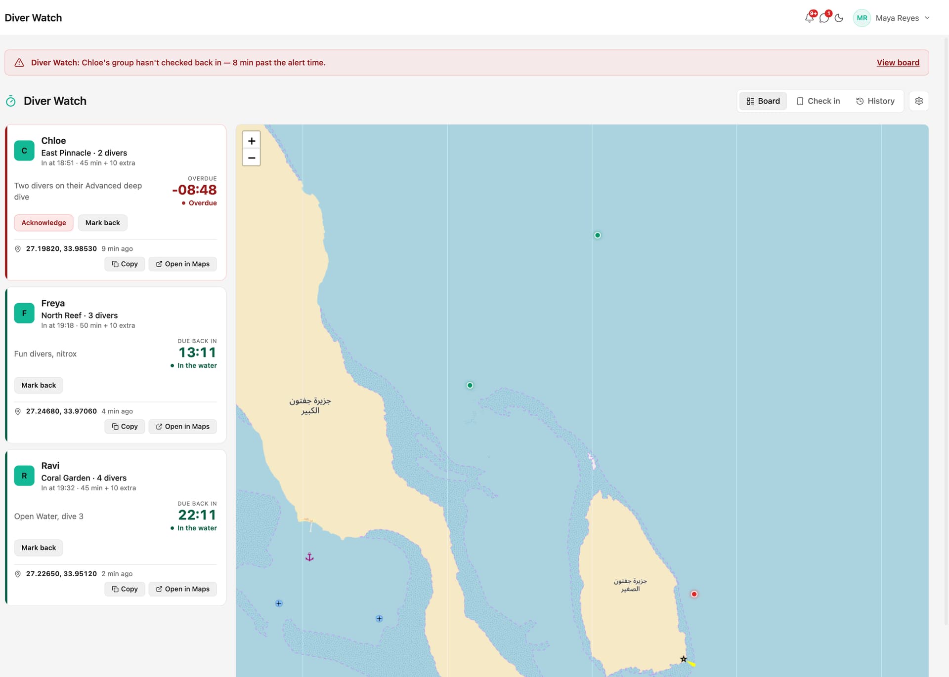 DiveOps Diver Watch: three instructors' groups in the water with live countdowns, one group overdue in red with an alert banner, and each group's last surface position on the map.