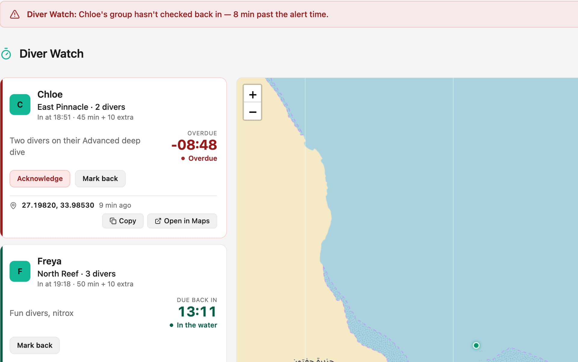 DiveOps Diver Watch: three instructors' groups in the water with live countdowns, one group overdue in red with an alert banner, and each group's last surface position on the map.