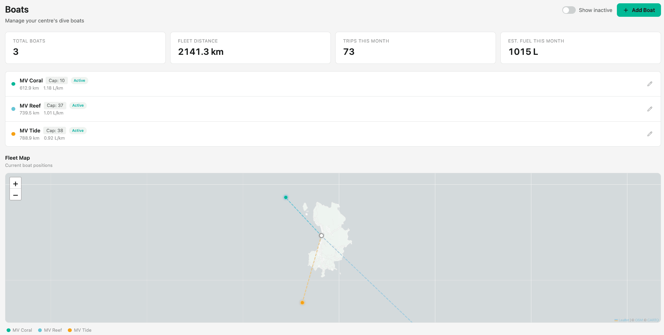 Boats. Live GPS, fuel, and service history.