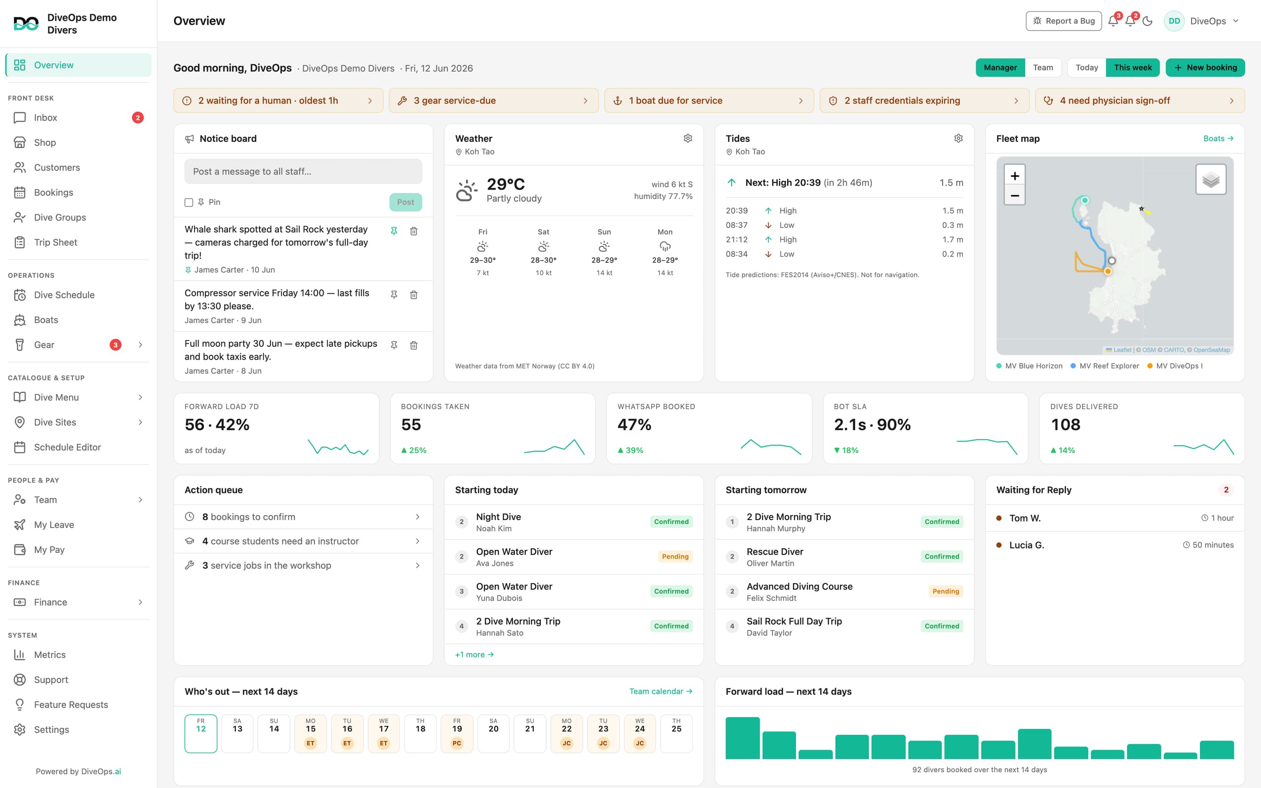 The DiveOps overview dashboard: alerts, notice board, weather, tides, fleet map and today's plan, all on one screen.