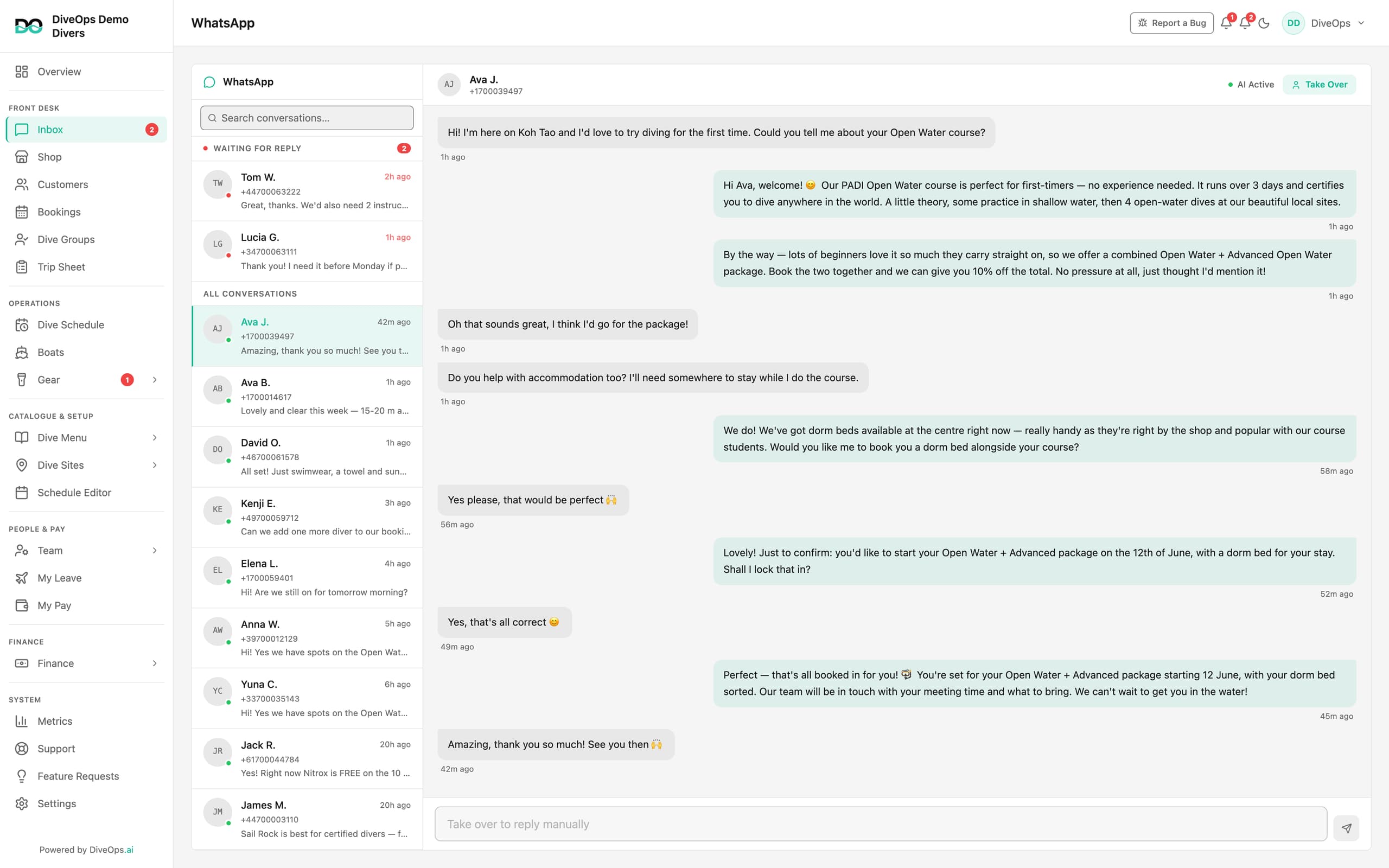 The DiveOps WhatsApp inbox: the AI answering a course enquiry, with the waiting-for-reply queue and a one-tap human hand-off.