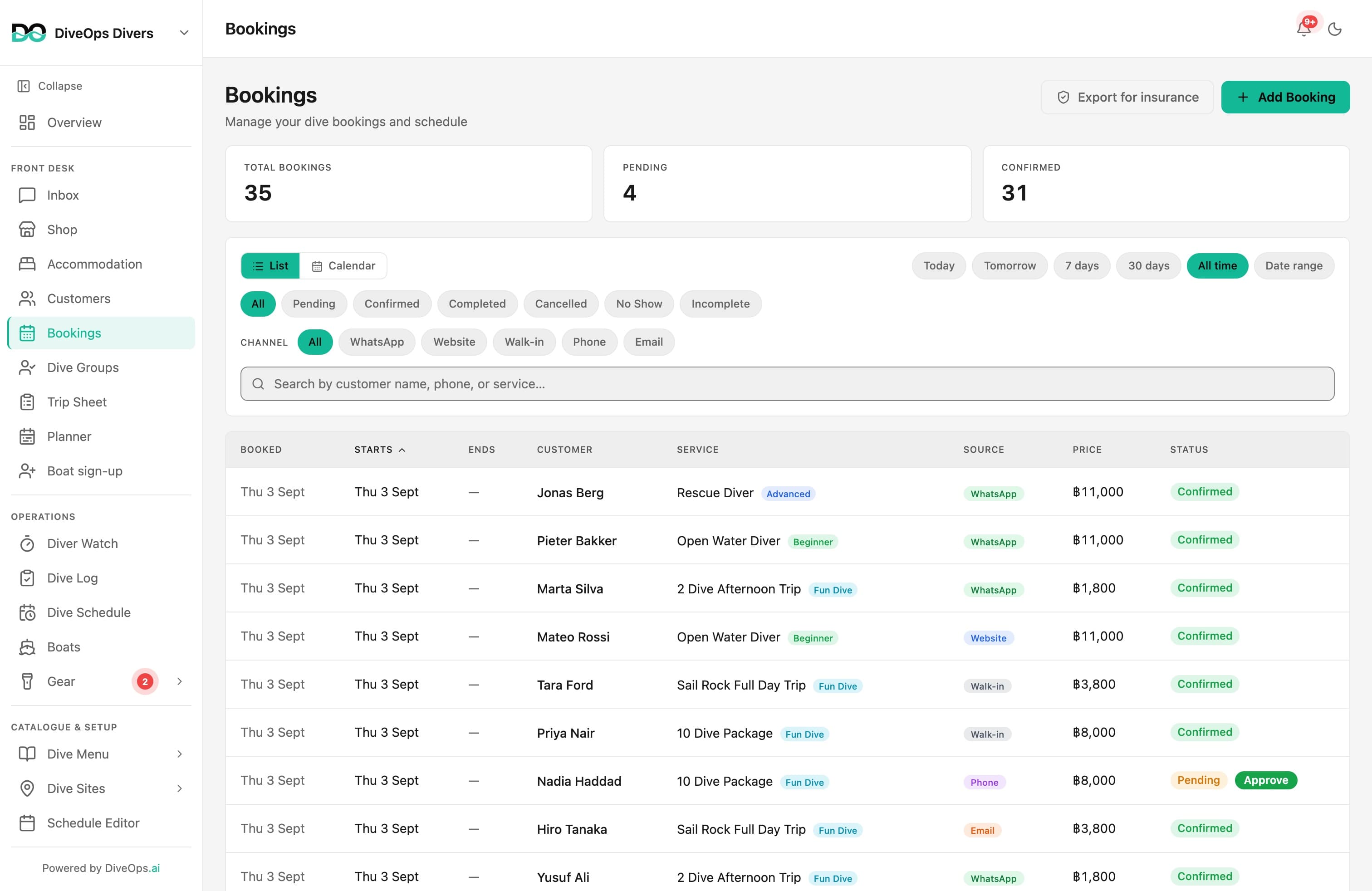 Take bookings: WhatsApp, your website, walk-in and phone, every booking in one list with its source, price and status.