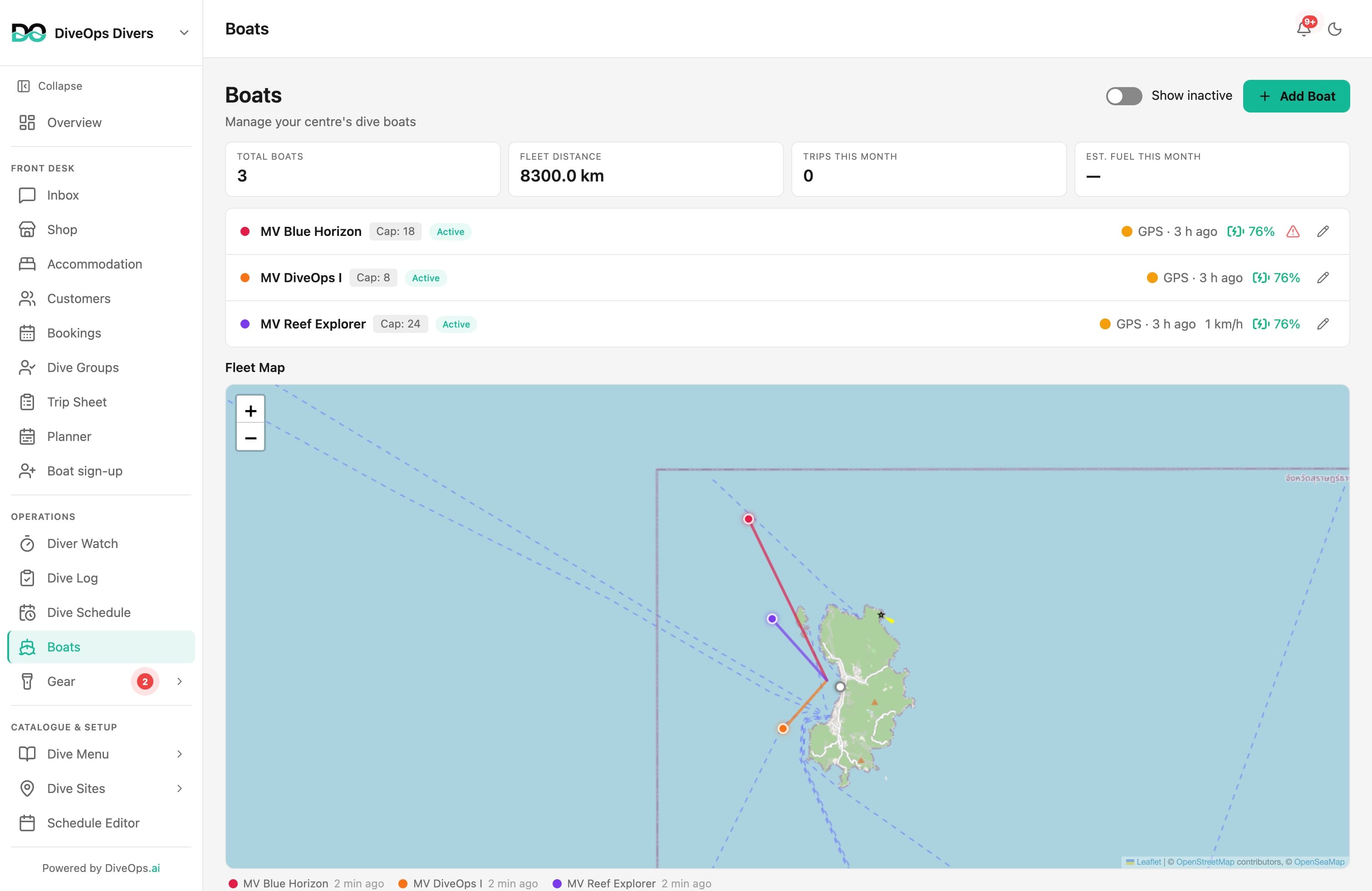 Track the fleet: Every boat live on the chart, off your own trackers, with fuel and the next service flagged before it becomes a problem.