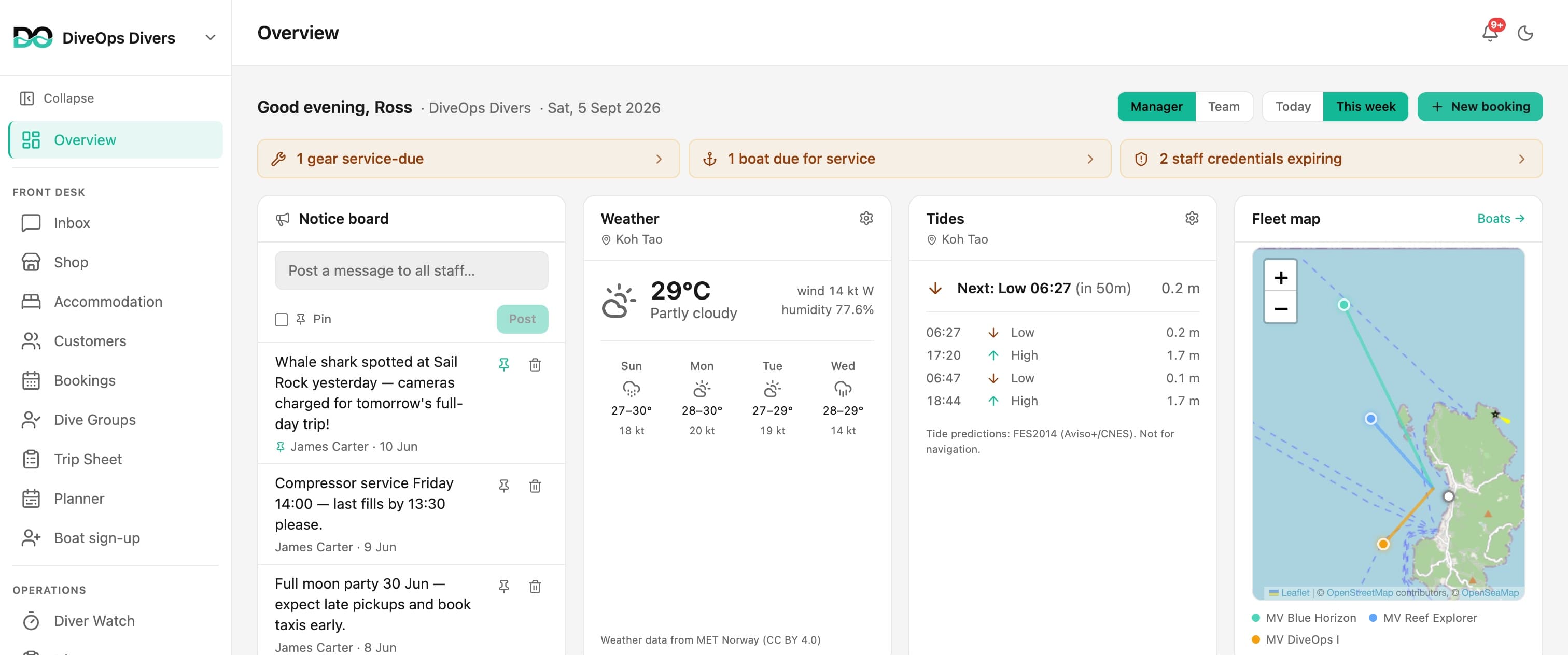 The DiveOps overview dashboard: the morning glance with alerts, weather, tides and the fleet map.
