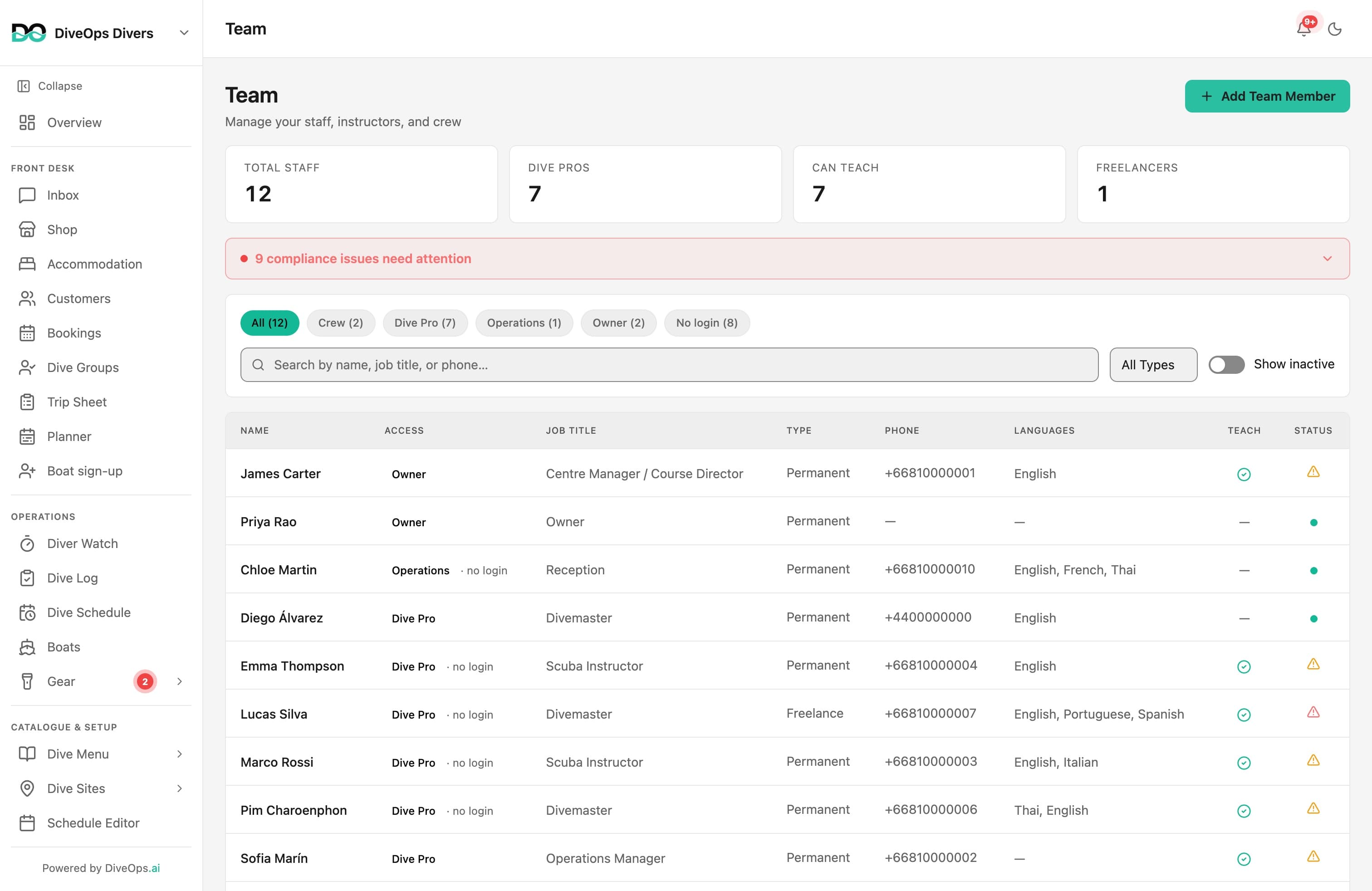 The DiveOps team page: staff counts by role above a directory with role badges, languages, teaching permissions and certification expiry.